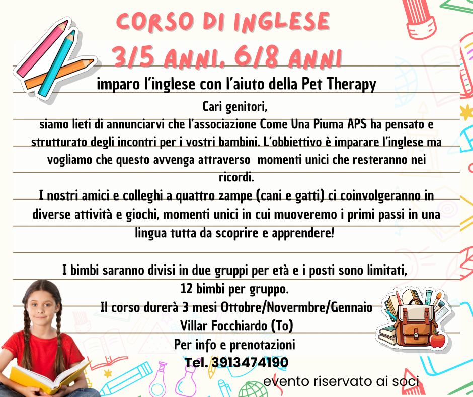 Flyer corso di inglese con la pet therapy